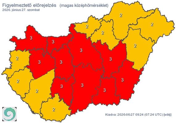 Figyelmeztet� el�rejelz�s Magyarorsz�g ter�let�re, 2026.06.28 vas�rnap �jf�lig. K�p forr�sa: HungaroMet