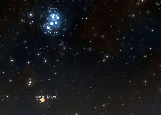A Mars és az Uránusz ritka bolygóegyüttállását lehet majd megfigyelni a Fiastyúk csillaghalmaza alatt, július 4-én, szombaton, a hajnali égen. Kép: svabhegyicsillagvizsgalo.hu A Mars és az Uránusz ritka bolygóegyüttállását lehet majd megfigyelni a Fiastyúk csillaghalmaza alatt, július 4-én, szombaton, a hajnali égen. Kép: svabhegyicsillagvizsgalo.hu