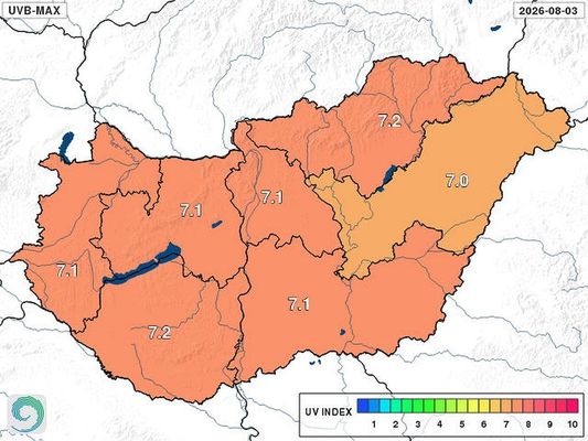 A HungaroMet térképe a várható hétfői UV indexről. Térkép: HungaroMet A HungaroMet térképe a várható hétfői UV indexről. Térkép: HungaroMet