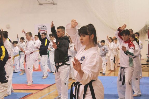 A régió tíz taekwon-do klubjának közel száz harcművésze érkezett Battonyára, közös edzésre. Kép forrása: Szerző