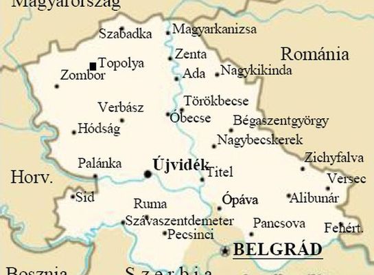 A szerbiai Vajdasg trkpe. Prdny Nagybecskerektl szakkeletre, a szerb-romn hatrtl 1 km-re, Szerbittab s Mdos kztt tallhat. Forrs: Wikipdia. Trkp forrsa: vajdasag.mintakka.hu