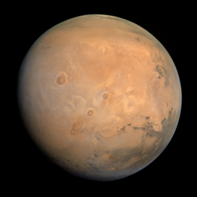  A Mars a Naptl szmtott negyedik bolyg a Naprendszerben.  Szabad szemmel is lthat az jszakai gbolton. A rmai hadistenrl neveztk el, de gyakran hvjk vrs bolygnak is szne miatt, amit a Mars felsznt meghatroz vas-oxid  okoz. A kpen az Emirates Mars Mission 2021-es felvtele. Forrs s kp: Wikipdia   