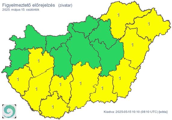 Cstrtkn, jflig, elsfok figyelmeztets van rvnyben zivatar kialakulsnak veszlye miatt, Bks, Borsod-Abaj-Zempln, Csongrd-Csand, Hajd-Bihar, Somogy, Szabolcs-Szatmr-Bereg, Tolna, Veszprm, Zala vrmegyk terletn. Kp forrsa: HungaroMet Zrt.