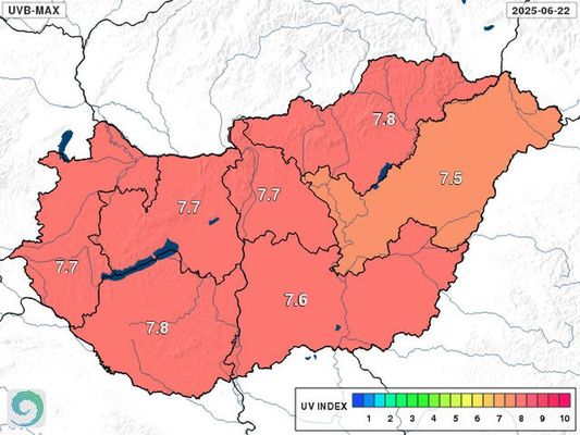 A HungaroMet szombaton, este, kiadott UV-trkpe, vasrnapra. Trkp: met.hu