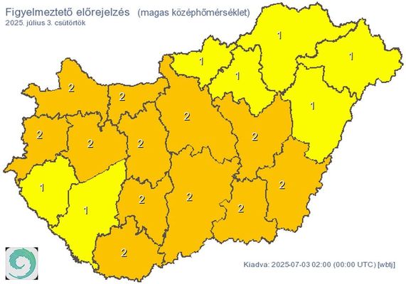 Bks vrmegyben is msodfok a figyelmeztets a magas napi kzphmrsklet miatt. Trkp: met.hu   