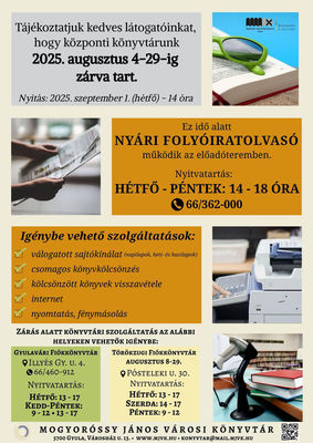 A kzponti knyvtrban, augusztusban is nyitva tart a nyri folyirat-olvas s a kt fikknyvtr, a vrosban. Plakt forrsa: Mogyorssy Jnos Vrosi Knyvtr