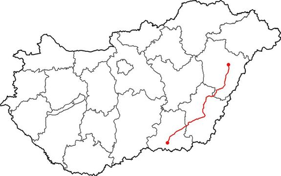  A 47-es ft a Tiszntlon vgighzd, msodrend ft, amely hrom vrmegyt s megyei jog vrosait  kti ssze. Hajd-Bihar, Bks s Csongrd-Csand vrmegyben, a ft 215 kilomter hossz, kiindulpontja az szak-Alfld kzpontja Debrecen, a 4-es ft, vgpontja a Dl-Alfld kzpontja, Szeged, a 43-as ft. Trkp: Hunyadym. Forrs: Wikipdia   