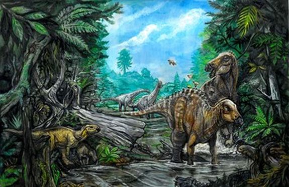 Az egykori k�rnyezet �s faun�ja. Rekonstrukci�: Pecsics Tibor. K�p forr�sa: elte.hu   