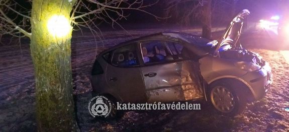  F�nak csap�dott egy szem�lyg�pkocsi Magyarb�nhegyes k�lter�let�n, kedden, este. K�p forr�sa: B�k�s V�rmegyei Katasztr�fav�delmi Igazgat�s�g      