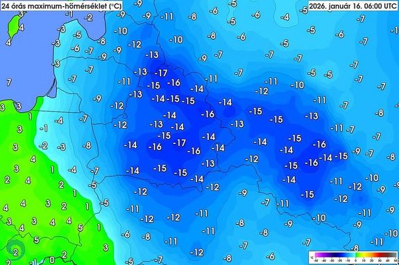 A HunagaroMet janu�r 16-�n, reggel, kiadott, 24 �r�s h�t�rk�pe. T�rk�p forr�sa: HungaroMet Facebook-oldala