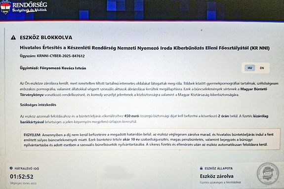 Az oldalon az a val�tlan �ll�t�s jelent meg, hogy a felhaszn�l� eszk�z�t hat�s�gi int�zked�s keret�ben blokkolt�k. K�p: Police.hu   