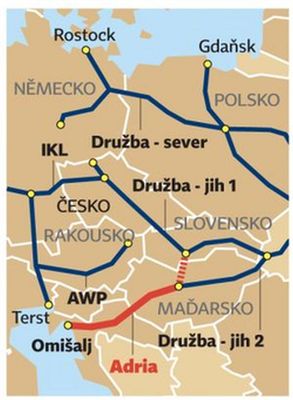  A Bar�ts�g �s az Adria-k�olajvezet�k. T�rk�p forr�sa: Wikipedia   