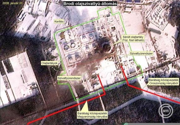 A 2026. m�rcius 2-i, nemzetbiztons�gi egyeztet�s ut�n kiadott m�holdfelv�telek a Bar�ts�g k�olajvezet�k �s a Brodi olajszivatty�-�llom�s janu�r 31-i, majd febru�r 21-i �llapot�r�l. K�pek forr�sa: MTI / Minisztereln�ki Kommunik�ci�s F�oszt�ly