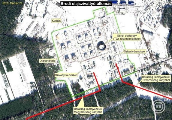 A 2026. m�rcius 2-i, nemzetbiztons�gi egyeztet�s ut�n kiadott m�holdfelv�telek a Bar�ts�g k�olajvezet�k �s a Brodi olajszivatty�-�llom�s janu�r 31-i, majd febru�r 21-i �llapot�r�l. K�pek forr�sa: MTI / Minisztereln�ki Kommunik�ci�s F�oszt�ly