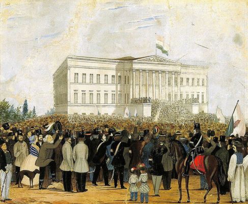 Pet�fi S�ndor a Nemzeti dalt szavalja a Nemzeti M�zeum l�pcs�j�n, a forradalmi t�megnek. Ismeretlen m�v�sz akvarellje a 19. sz�zadb�l. K�p forr�sa: Wikip�dia   