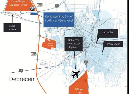 Az �j logisztikai �s kamiontermin�l Debrecen �szak-nyugati gazdas�gi �vezet�ben �p�l. T�rk�p: Debreceni Ingatlanfejleszt� Kft.