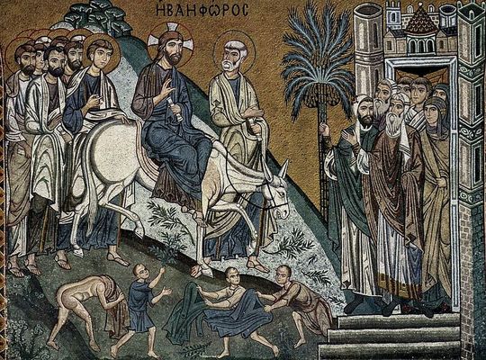 J�zus bevonul�sa a palerm�i Capella Palatina mozaikj�n, 1150 k�r�l. K�p forr�sa: Wikip�dia