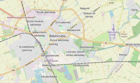 B�k�scsab�n, korm�nyzati t�mogat�sb�l, brutt� 431 milli� forintb�l, �jabb kilenc f�ldes utc�t aszfaltoznak. T�rk�p forr�sa: Wikip�dia