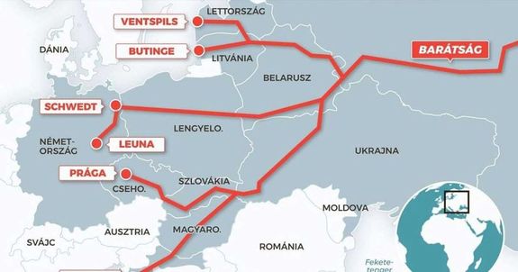 Andrij Szibiha ukr�n k�l�gyminiszter febru�r 12-�n jelentette be, hogy orosz t�mad�s k�vetkezt�ben, janu�r 27-�n le�llt az orosz k�olajsz�ll�t�s Magyarorsz�g �s Szlov�kia fel�. T�rk�p: klimapolitikaiintezet.hu   