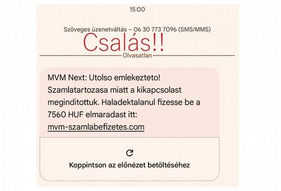 Megszaporodtak az MVM Next nev�vel vissza�l�, SMS-�zenetekkel elk�vetett csal�si k�s�rletek. K�pek: Police.hu