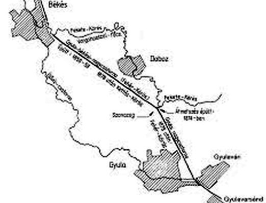 A gyulai duzzaszt�m� helye. T�rk�p: Magyar Hidrol�giai T�rsas�g