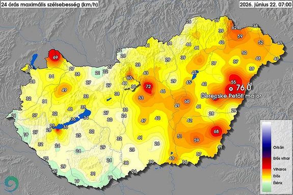A sz�lsebess�g 24 �r�ja a HungaroMet ma reggel kiadott t�rk�p�n
