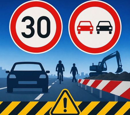 A munk�latok ideje alatt, a ker�kp�rosok �s a gyalogosok k�zleked�s�t az �ttestre terelik, ez�rt ezen a szakaszon 30 km/�r�s sebess�gkorl�toz�s, �s el�z�si tilalom van. K�p: B�k�s v�rmegyei rend�rs�g Facebook-oldala   