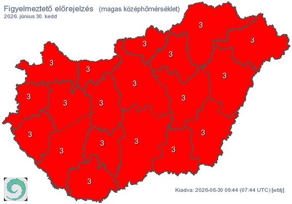 A HungaroMet figyelmeztet� el�rejelz�se magas k�z�ph�m�rs�klet miatt, 2026. j�nius 30-�n. T�rk�p: HungaroMet