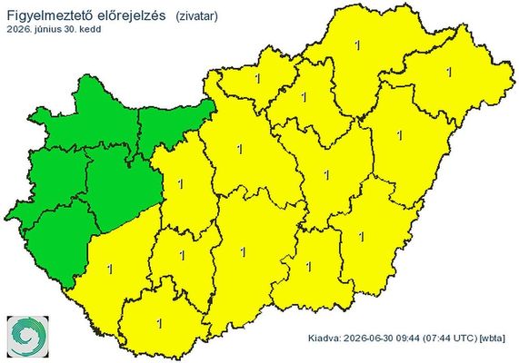 A HungaroMet figyelmeztet� el�rejelz�se zivatar miatt, 2026. j�nius 30-�n. T�rk�p: HungaroMet   