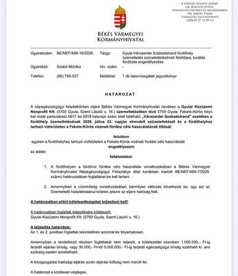 Nincs a foly�ban a f�rd�z�k eg�szs�g�re vesz�lyes szennyez�d�s – k�z�lte Facebook-oldal�n, dr. G�rg�nyi Ern�, Gyula polg�rmestere, aki k�zreadta a hat�s�gi f�rd�si enged�lyt a Gyula-V�roserdei szabadstrandon