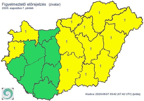 A HungaroMet augusztus 7-i, mai előrejelzése zivatar veszélyére. Térkép: HungaroMet A HungaroMet augusztus 7-i, mai előrejelzése zivatar veszélyére. Térkép: HungaroMet