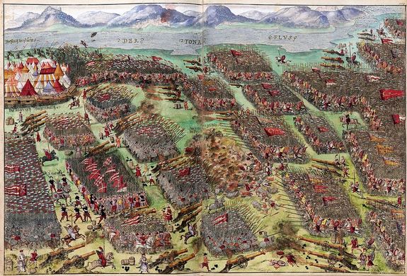 Az 1526. augusztus 29-i moh�csi csata legr�szletesebb �br�zol�sa 1555-b�l. K�p: Johann Schreier, EHRENSPIEGEL DES HAUSES �STERREICH (A chronicle written for Johann Jakob Fugger around 1555). K�p forr�sa: Wikip�dia