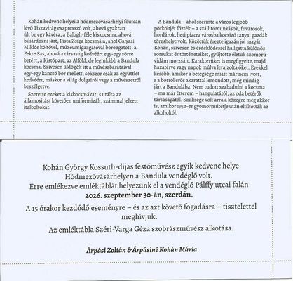 : Koh�n Gy�rgy �s a Bandula kapcsolat�r�l sz�l a 2026. szeptember 30-i t�blaavat� megh�v�, H�dmez�v�s�rhelyen